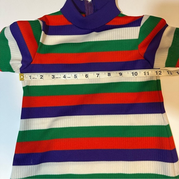 Vtg 70s Hippie Mod Polyester Knit Dress Striped Mock Neck Bold - Picture 5 of 6